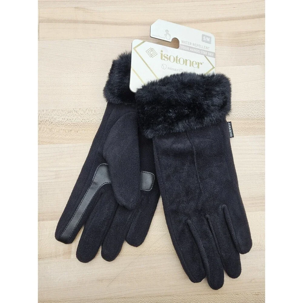 NWT Isotoner Mya Women's smarTouch Gloves Black Microsuede Fur Cuff S/M Texting - Picture 6 of 7